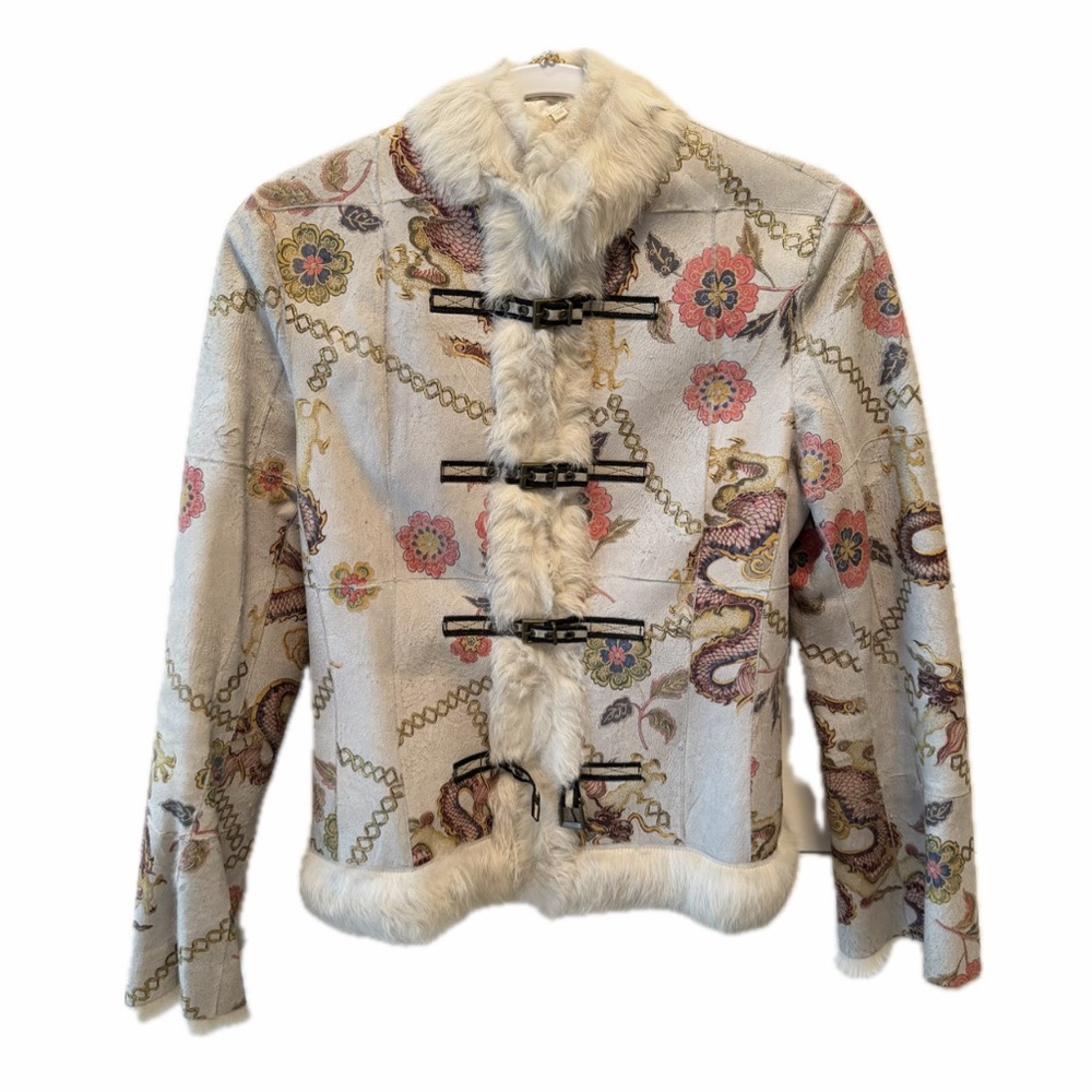 Vintage Floral Patterned Women's Jacket with Fur Trim